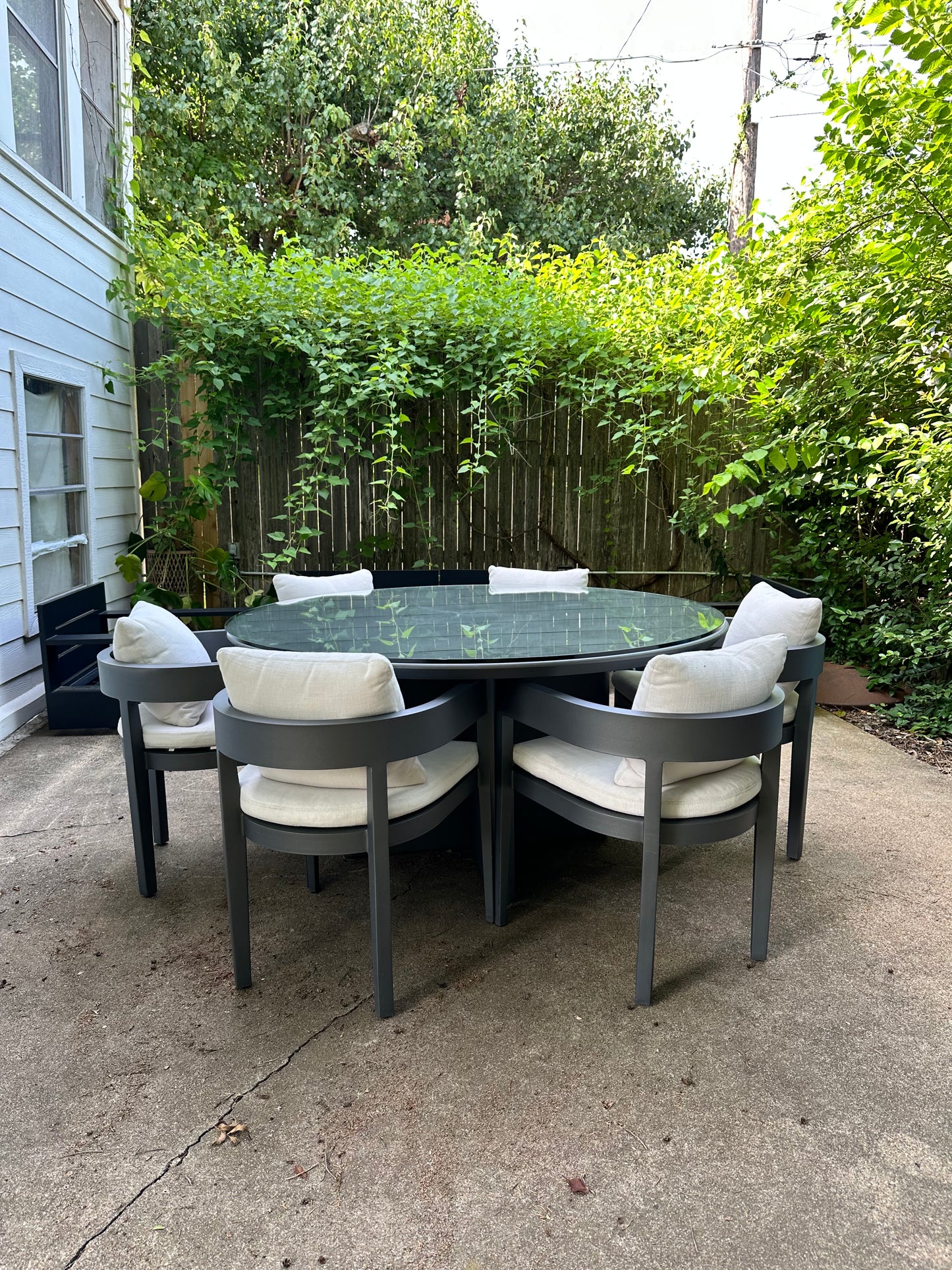 RH Balmain Outdoor Dining Set Round Table Six Chairs Custom Glass Top Restoration Hardware