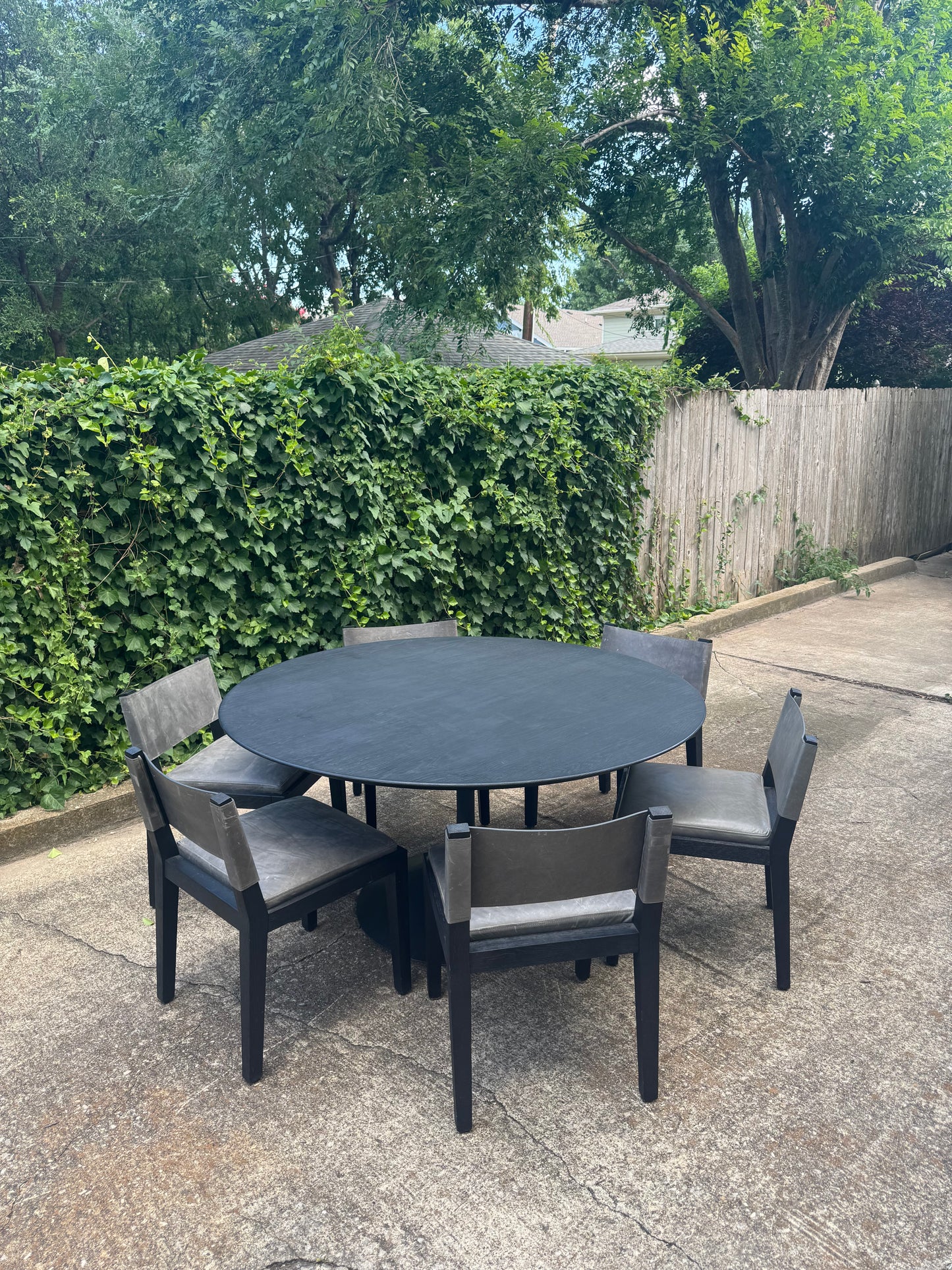 RH Dining Set Aero Cast Iron Black Oak 60” Round Dining Table & Set of 6 Saddleback Gray Leather Dining Chairs Restoration Hardware