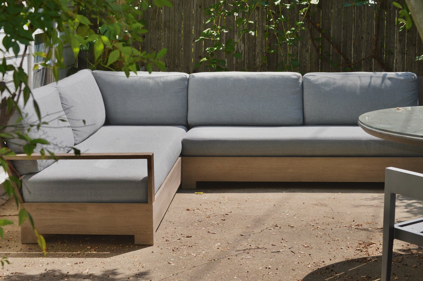 RH Belvedere Outdoor Sectional Gray Performance Fabric Weathered Teak Restoration Hardware