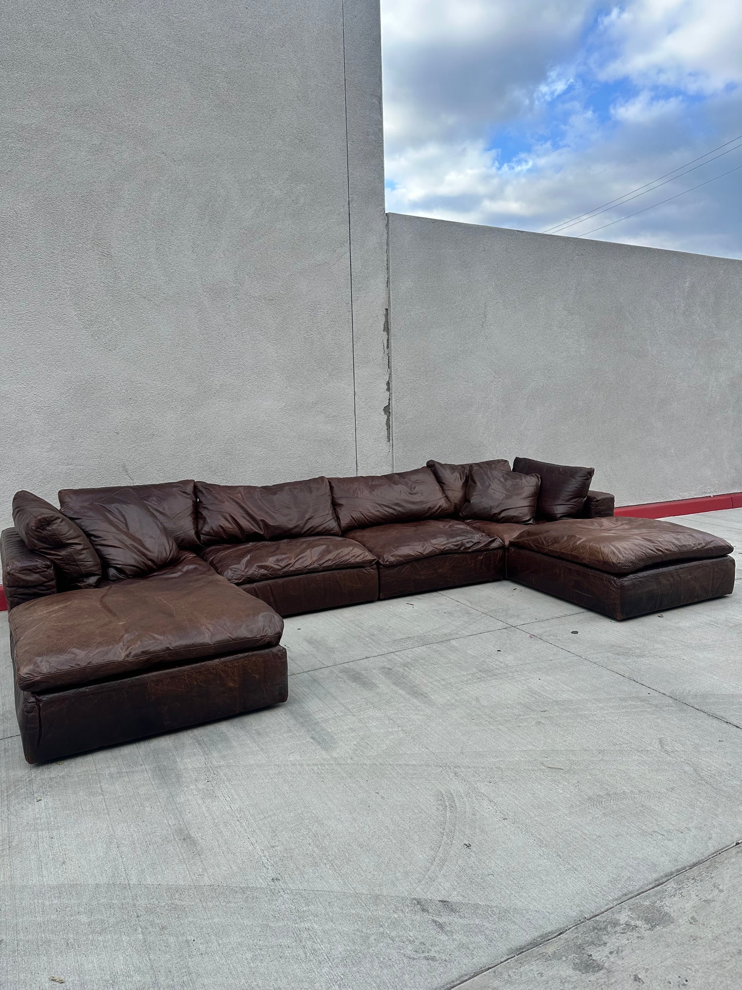 RH Six Piece Leather Cloud Double Chaise Sectional