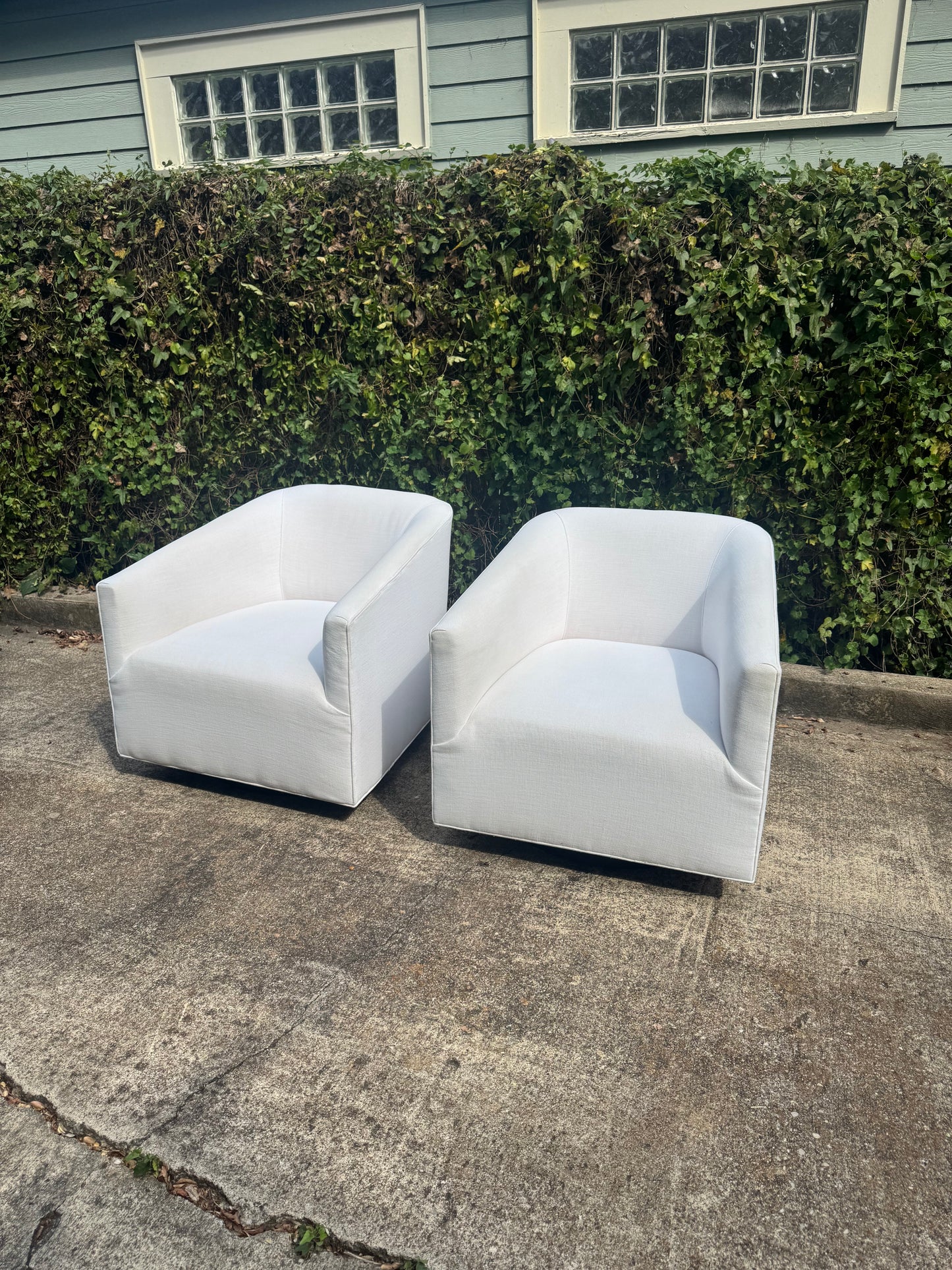 RH Shelter Arm Swivel Chairs White Set Of 2 Perennials Performance Linen Restoration Hardware