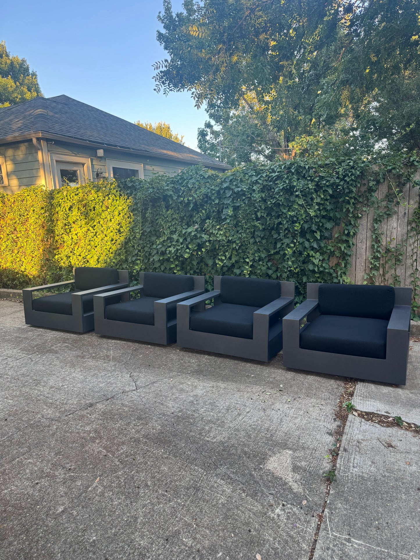 RH Marbella Aluminum Swivel Lounge Chairs Set of 4 Black Cushions Restoration Hardware