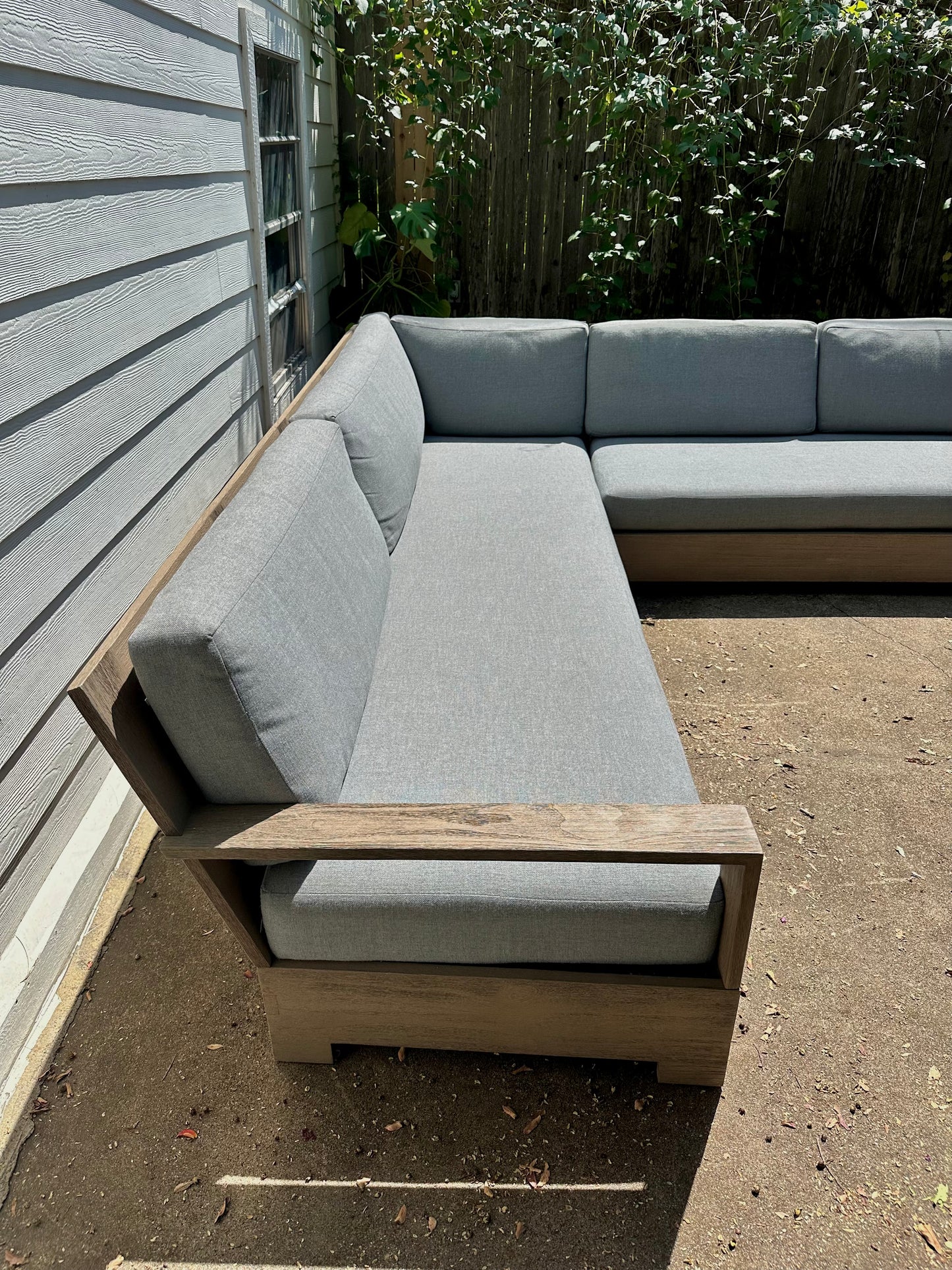RH Belvedere Outdoor Sectional Gray Performance Fabric Weathered Teak Restoration Hardware