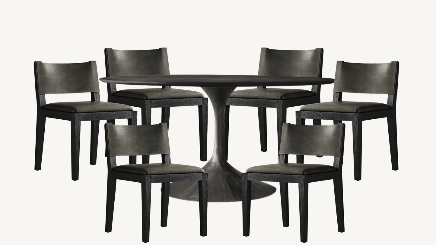 RH Dining Set Aero Cast Iron Black Oak 60” Round Dining Table & Set of 6 Saddleback Gray Leather Dining Chairs Restoration Hardware