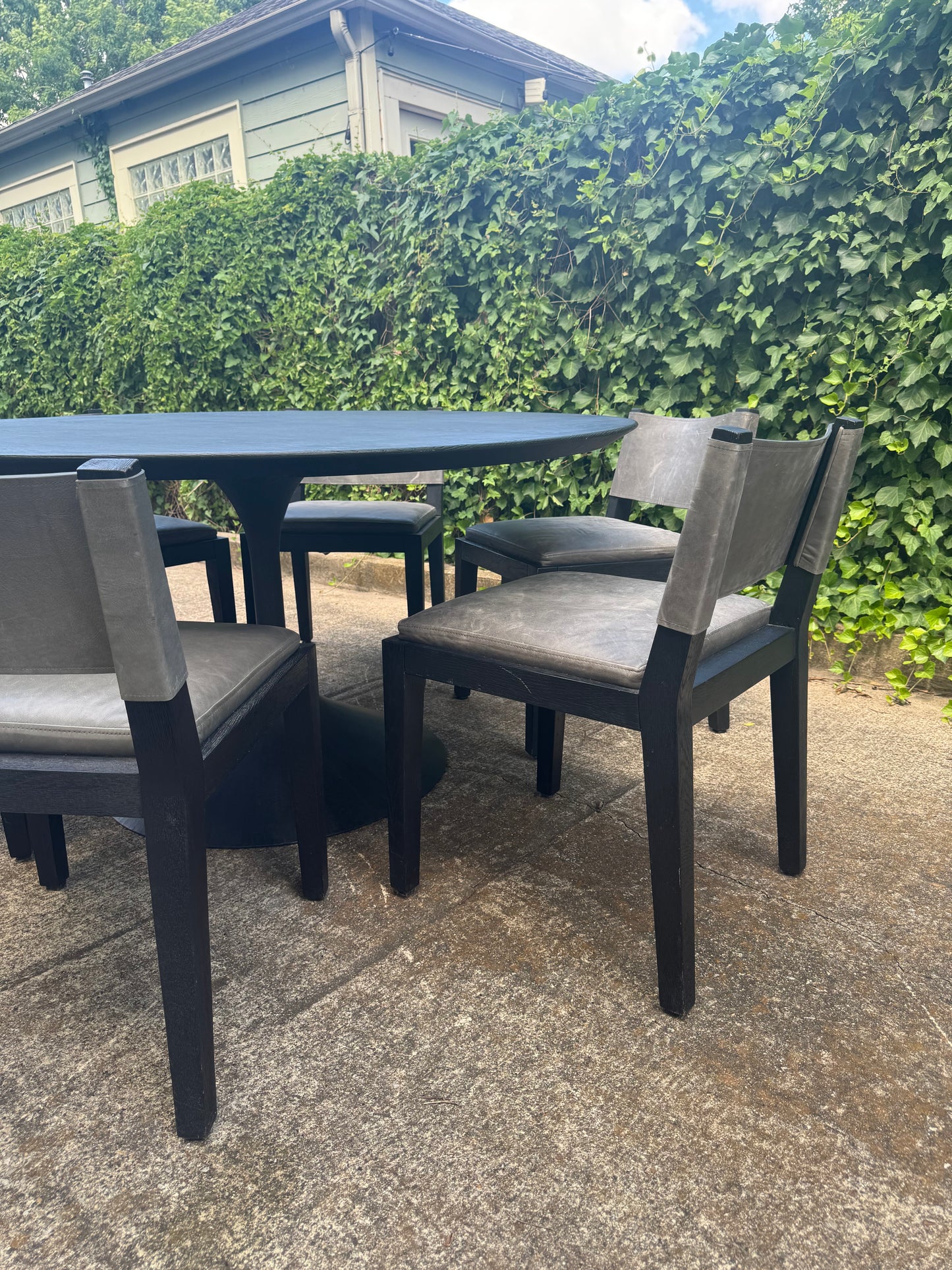 RH Dining Set Aero Cast Iron Black Oak 60” Round Dining Table & Set of 6 Saddleback Gray Leather Dining Chairs Restoration Hardware