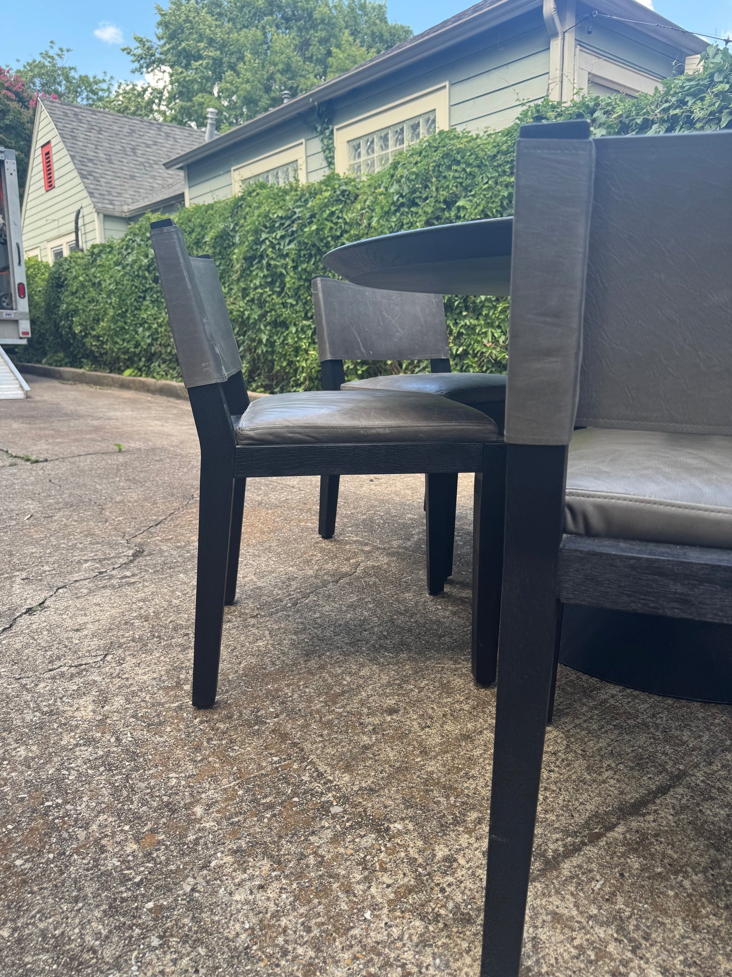 RH Dining Set Aero Cast Iron Black Oak 60” Round Dining Table & Set of 6 Saddleback Gray Leather Dining Chairs Restoration Hardware