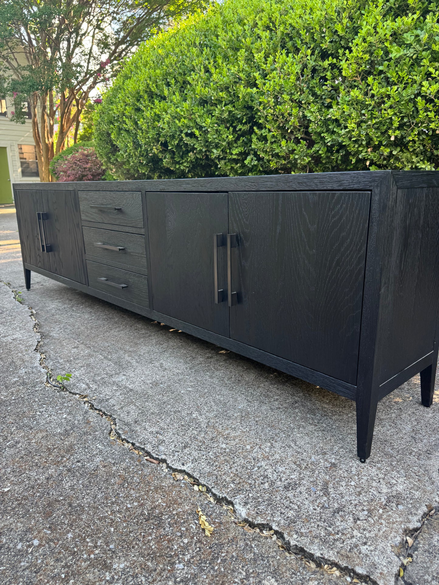 RH French Contemporary 4-Door Media Console with Drawers Black Oak/Satin Bronze Restoration Hardware