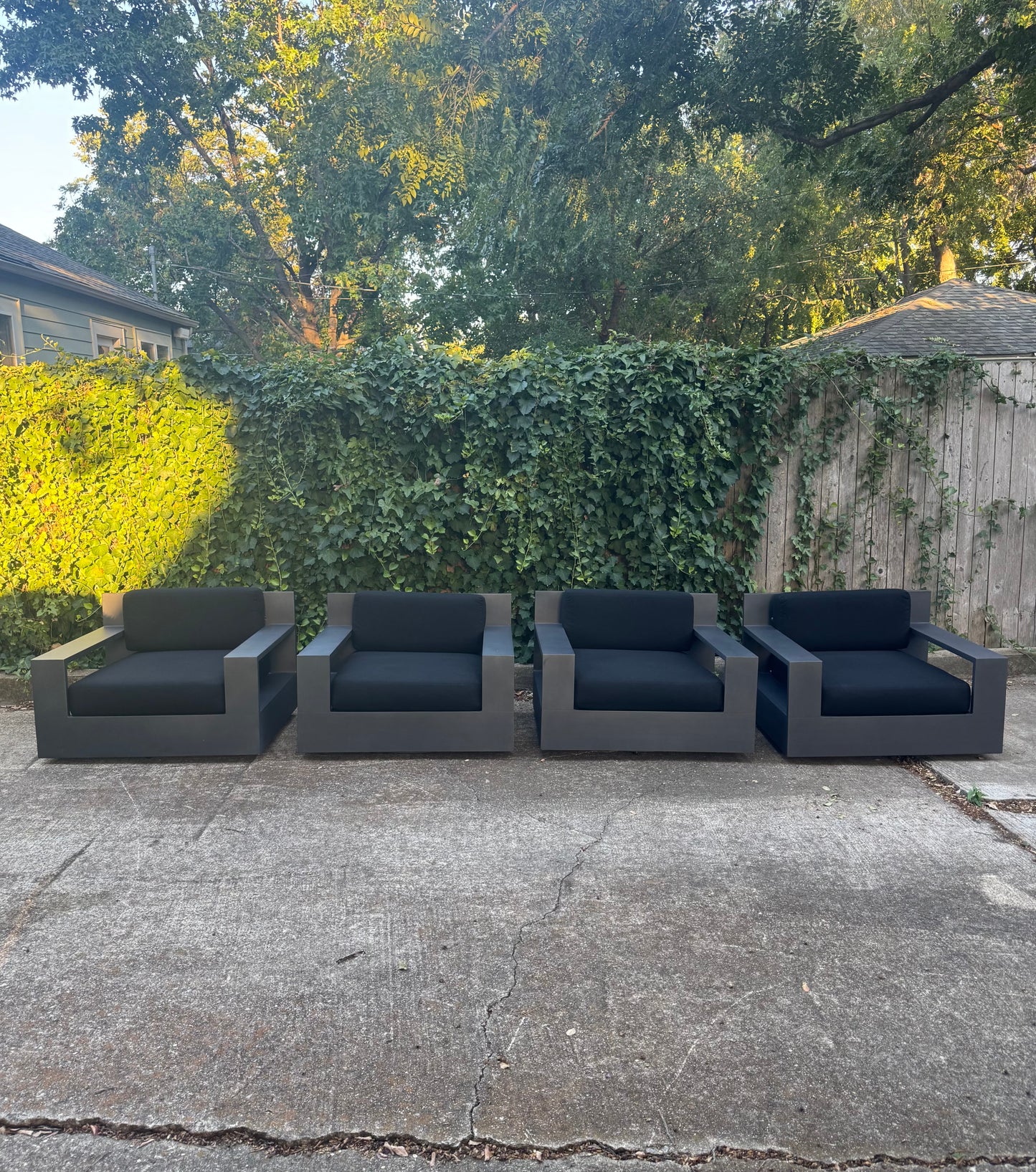 RH Marbella Aluminum Swivel Lounge Chairs Set of 4 Black Cushions Restoration Hardware