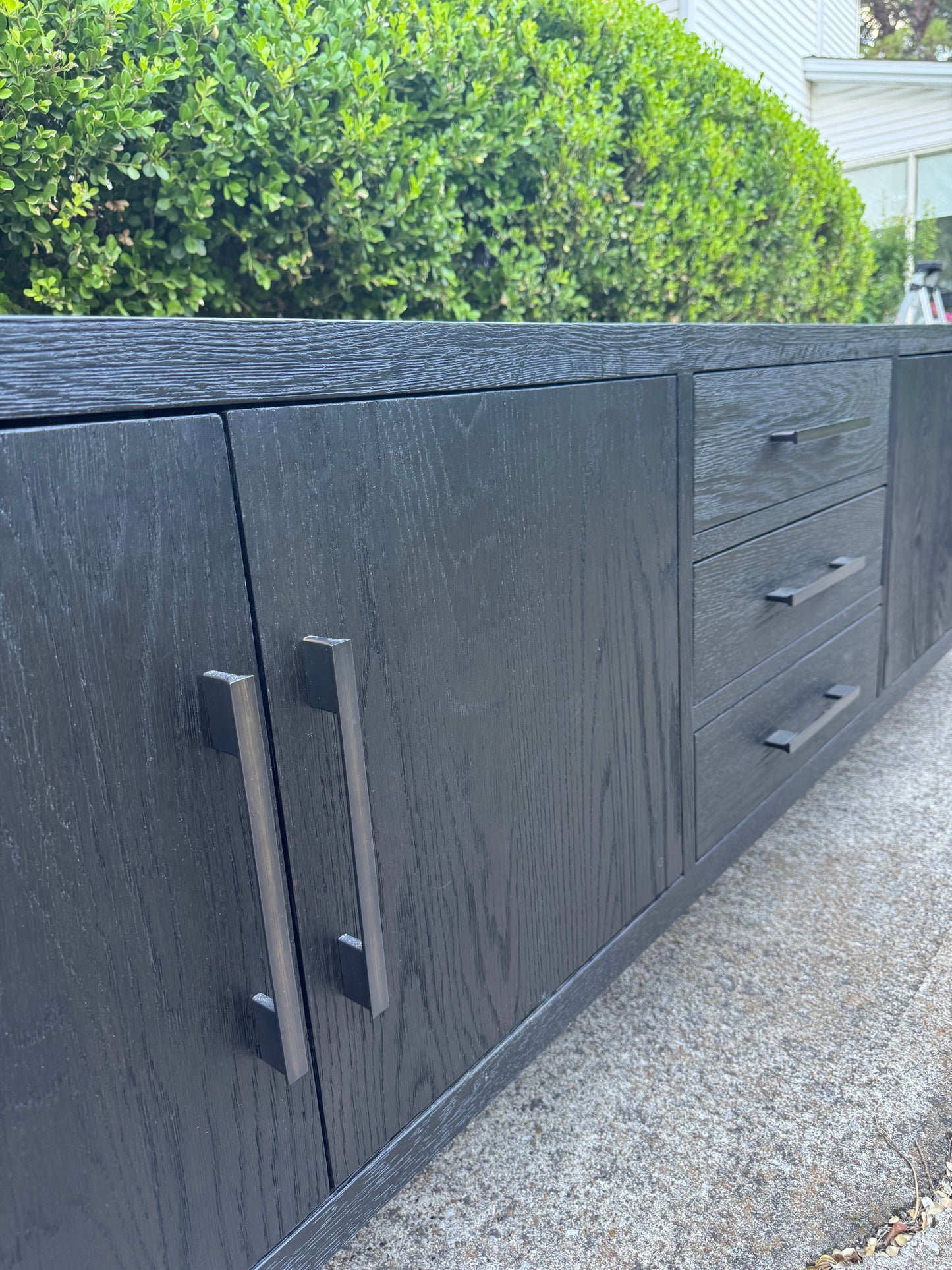 RH French Contemporary 4-Door Media Console with Drawers Black Oak/Satin Bronze Restoration Hardware