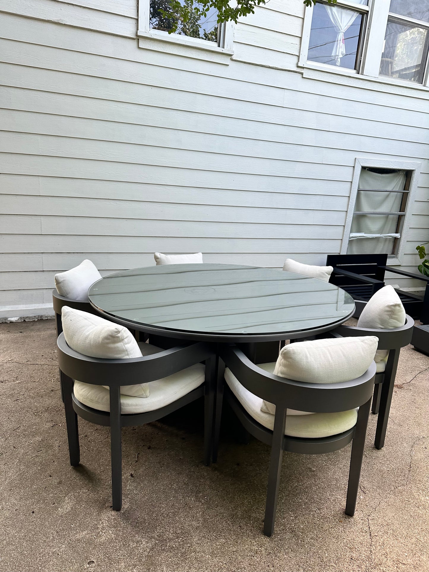 RH Balmain Outdoor Dining Set Round Table Six Chairs Custom Glass Top Restoration Hardware