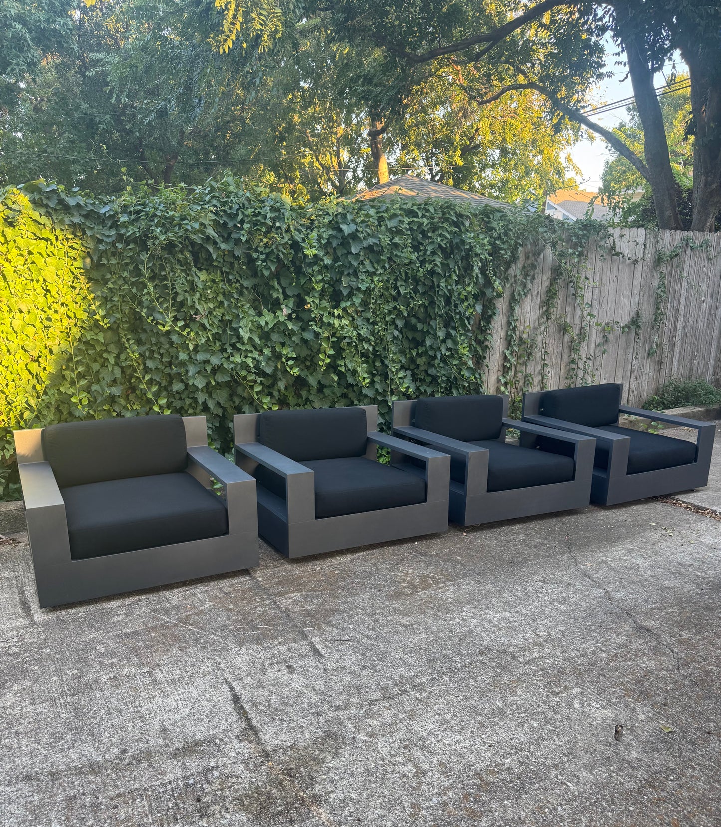 RH Marbella Aluminum Swivel Lounge Chairs Set of 4 Black Cushions Restoration Hardware