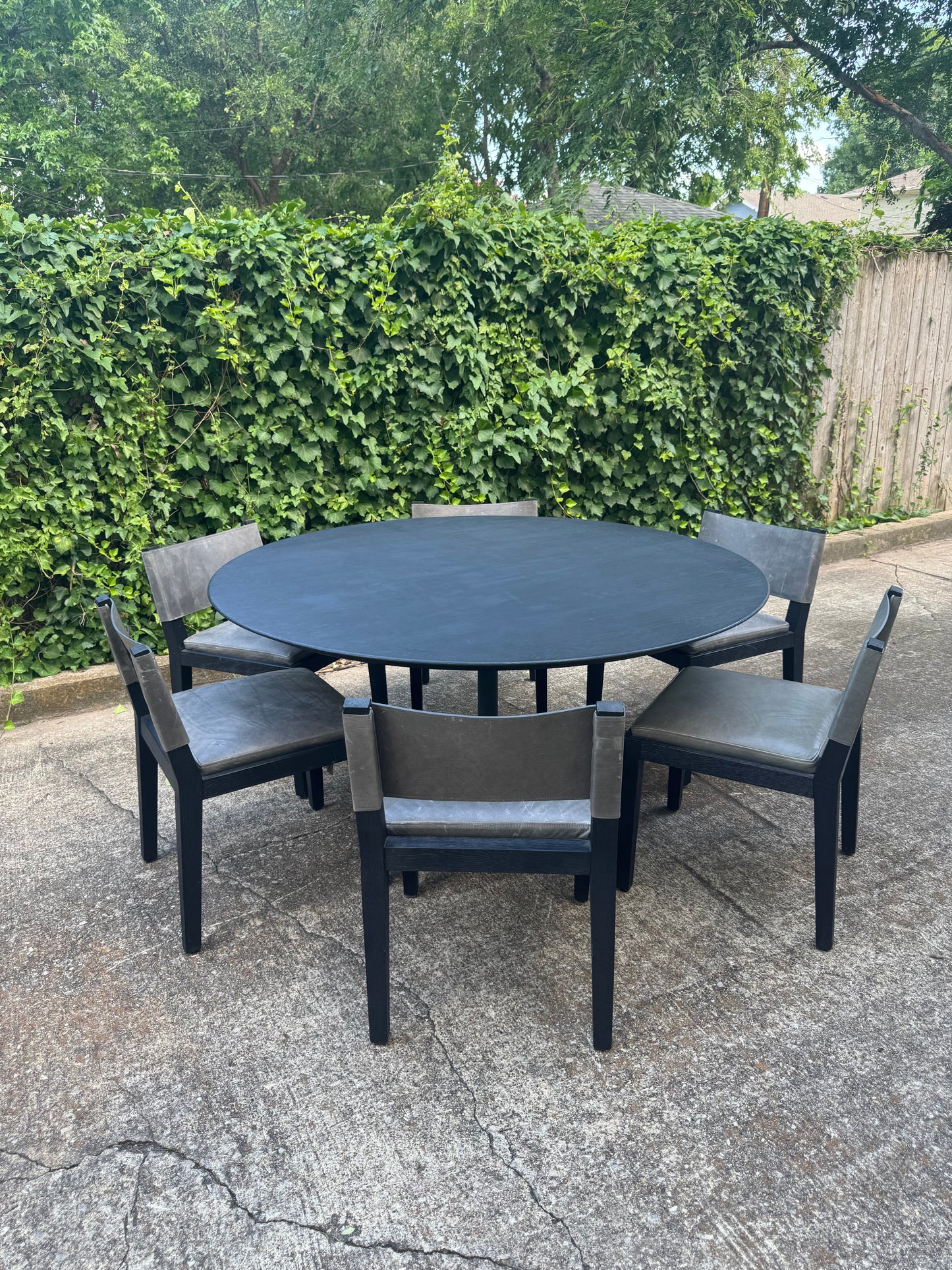 RH Dining Set Aero Cast Iron Black Oak 60” Round Dining Table & Set of 6 Saddleback Gray Leather Dining Chairs Restoration Hardware