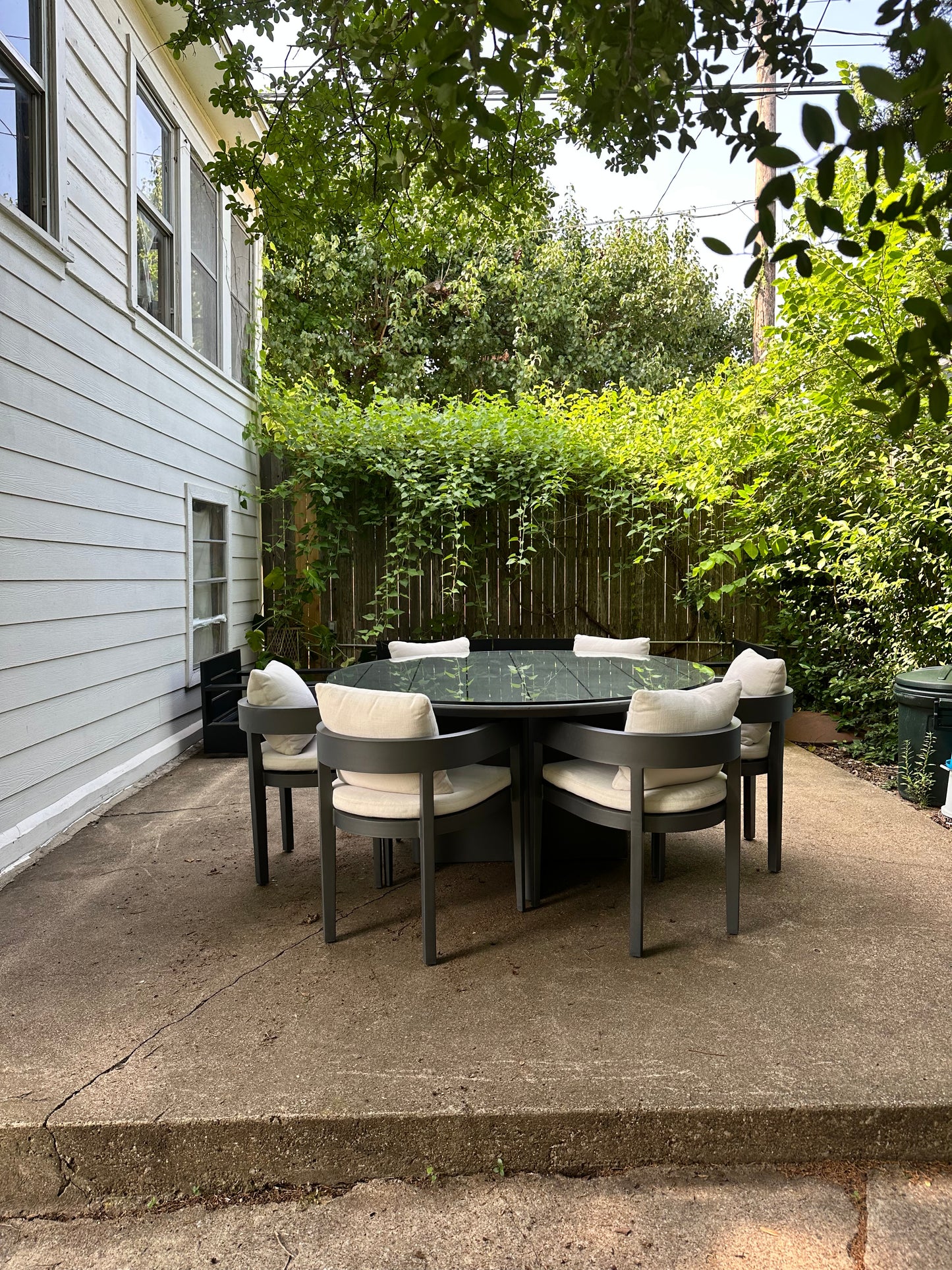 RH Balmain Outdoor Dining Set Round Table Six Chairs Custom Glass Top Restoration Hardware