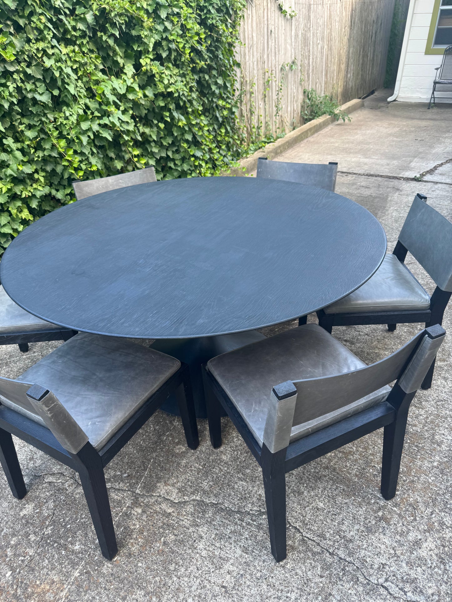 RH Dining Set Aero Cast Iron Black Oak 60” Round Dining Table & Set of 6 Saddleback Gray Leather Dining Chairs Restoration Hardware
