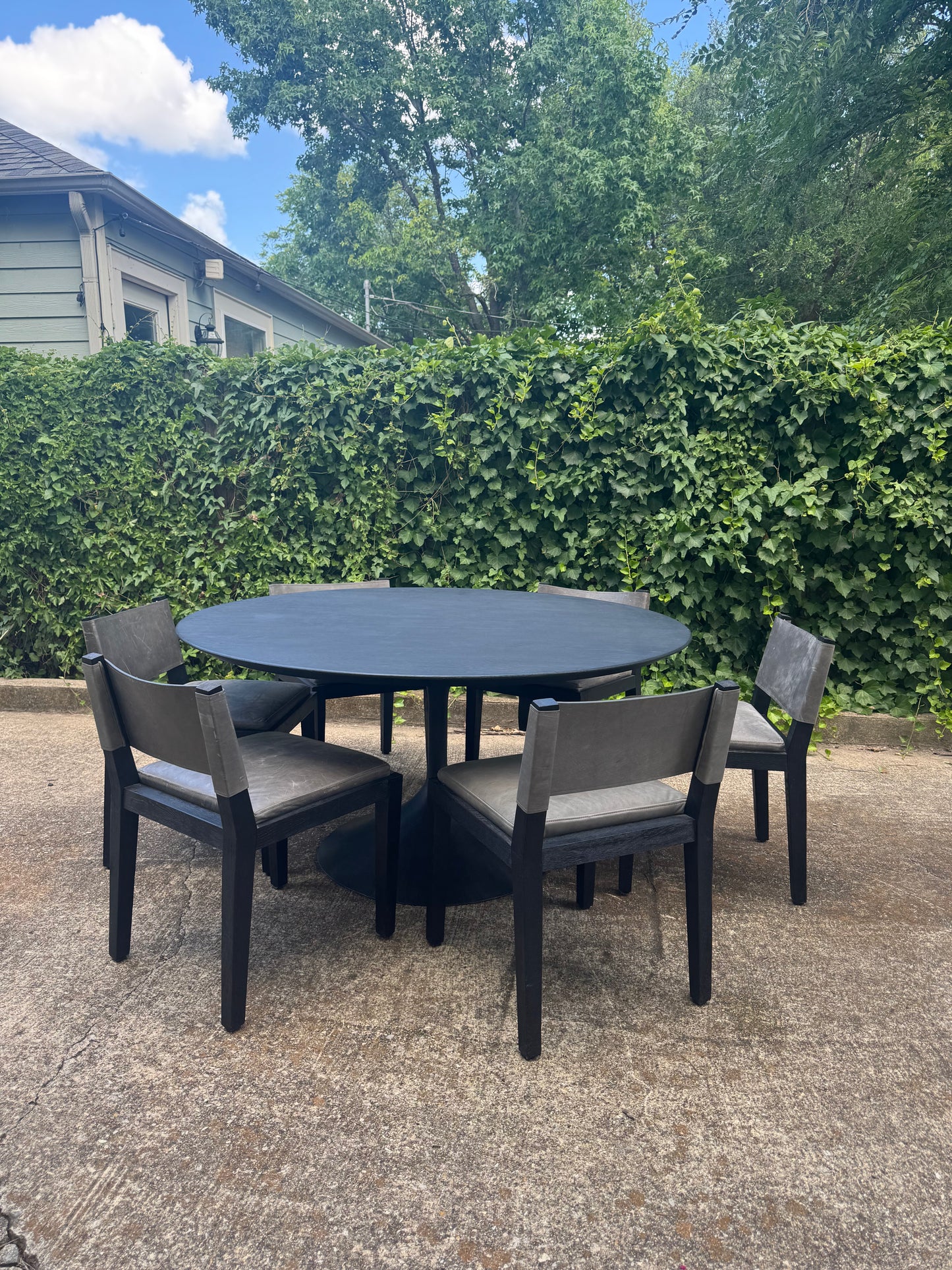 RH Dining Set Aero Cast Iron Black Oak 60” Round Dining Table & Set of 6 Saddleback Gray Leather Dining Chairs Restoration Hardware