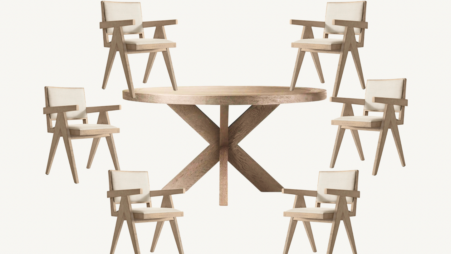 RH Dining Set with Six Jakob Dining Chairs & French 60” Round Dining Table