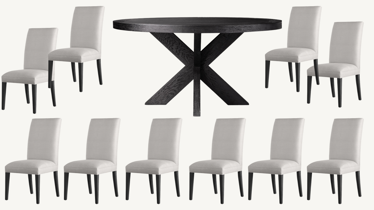 RH Hudson Parsons Set of 10 Dining Chairs French Black 72” Round Dining Table Restoration Hardware