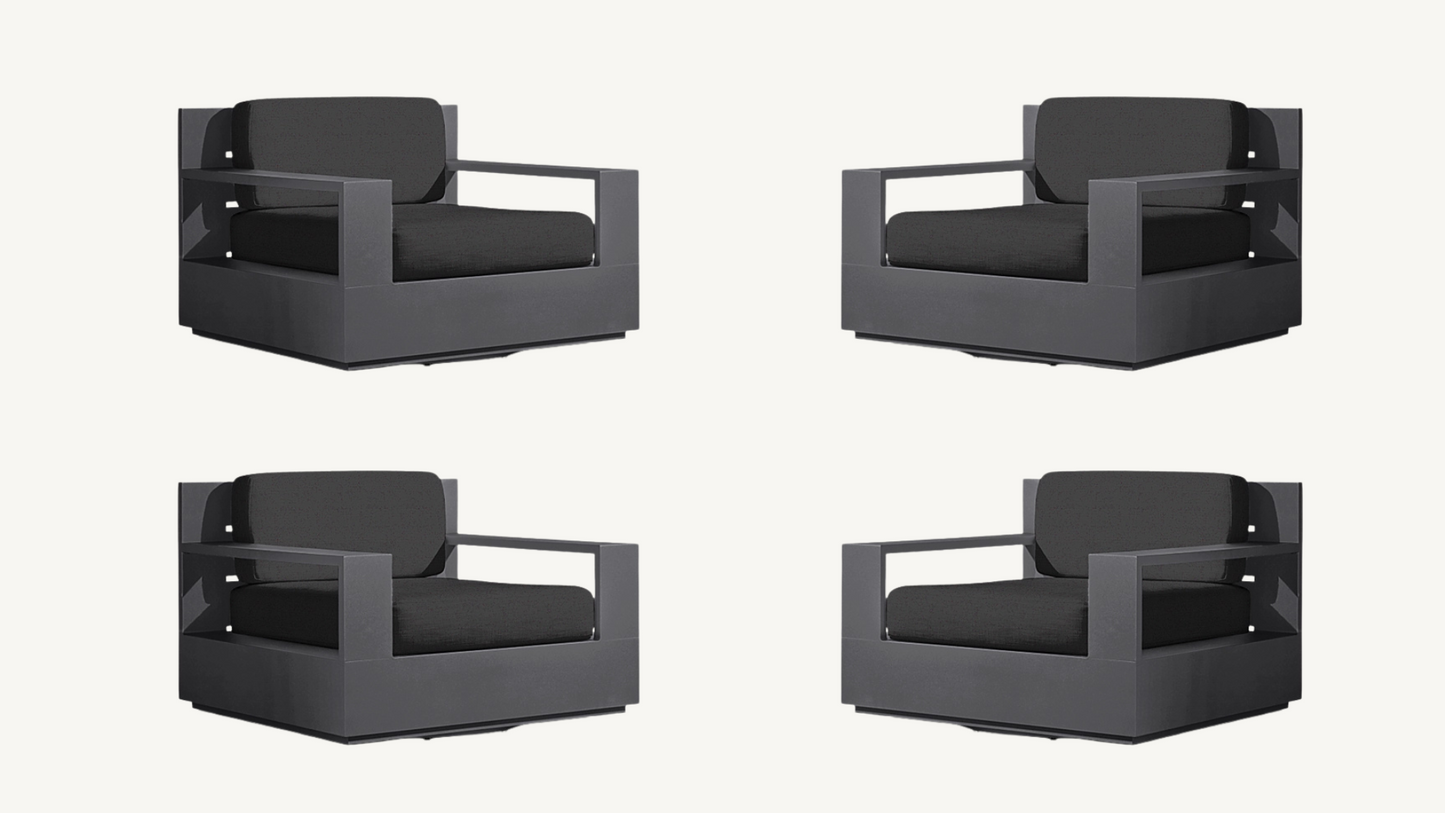 RH Marbella Aluminum Swivel Lounge Chairs Set of 4 Black Cushions Restoration Hardware