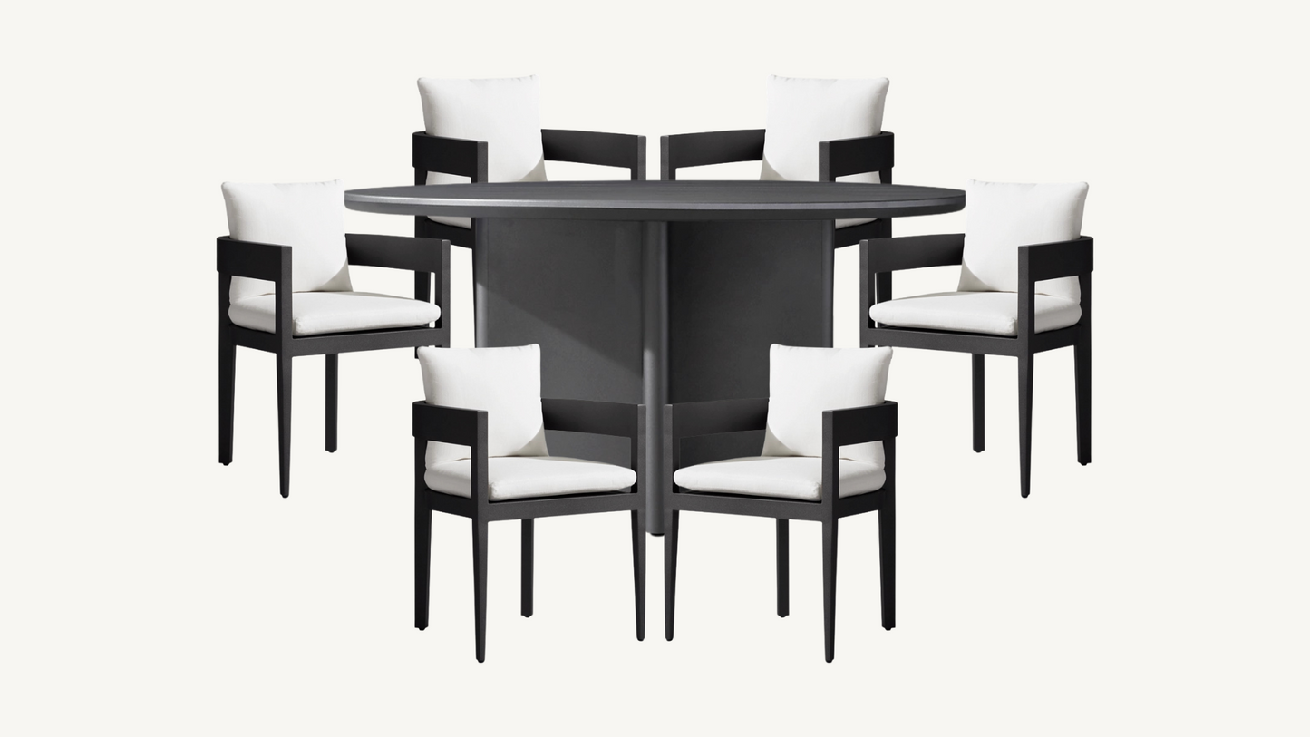 RH Balmain Outdoor Dining Set Round Table Six Chairs Custom Glass Top Restoration Hardware