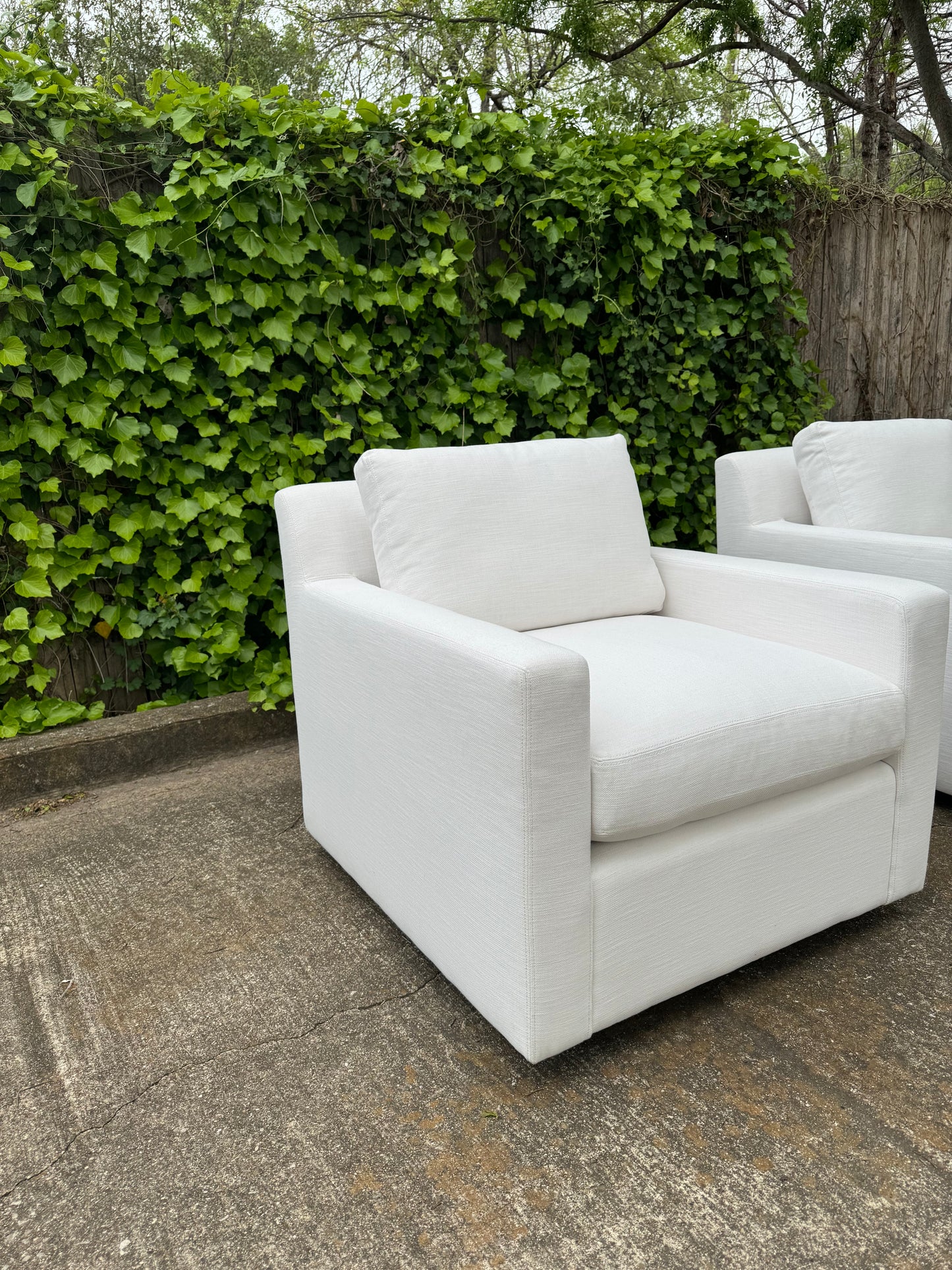 RH White Belgian Track Arm Swivel Chairs & Ottoman Set