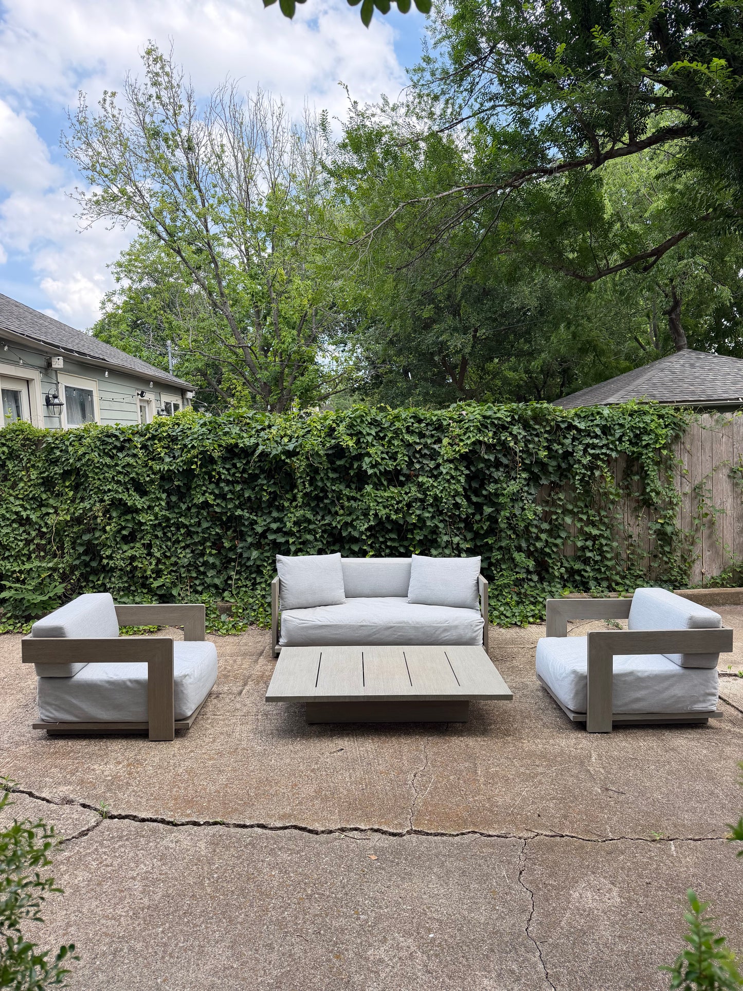 RH Mill Outdoor Set Loveseat Lounge Chairs Coffee Table RH Covers Restoration Hardware Gray Teak