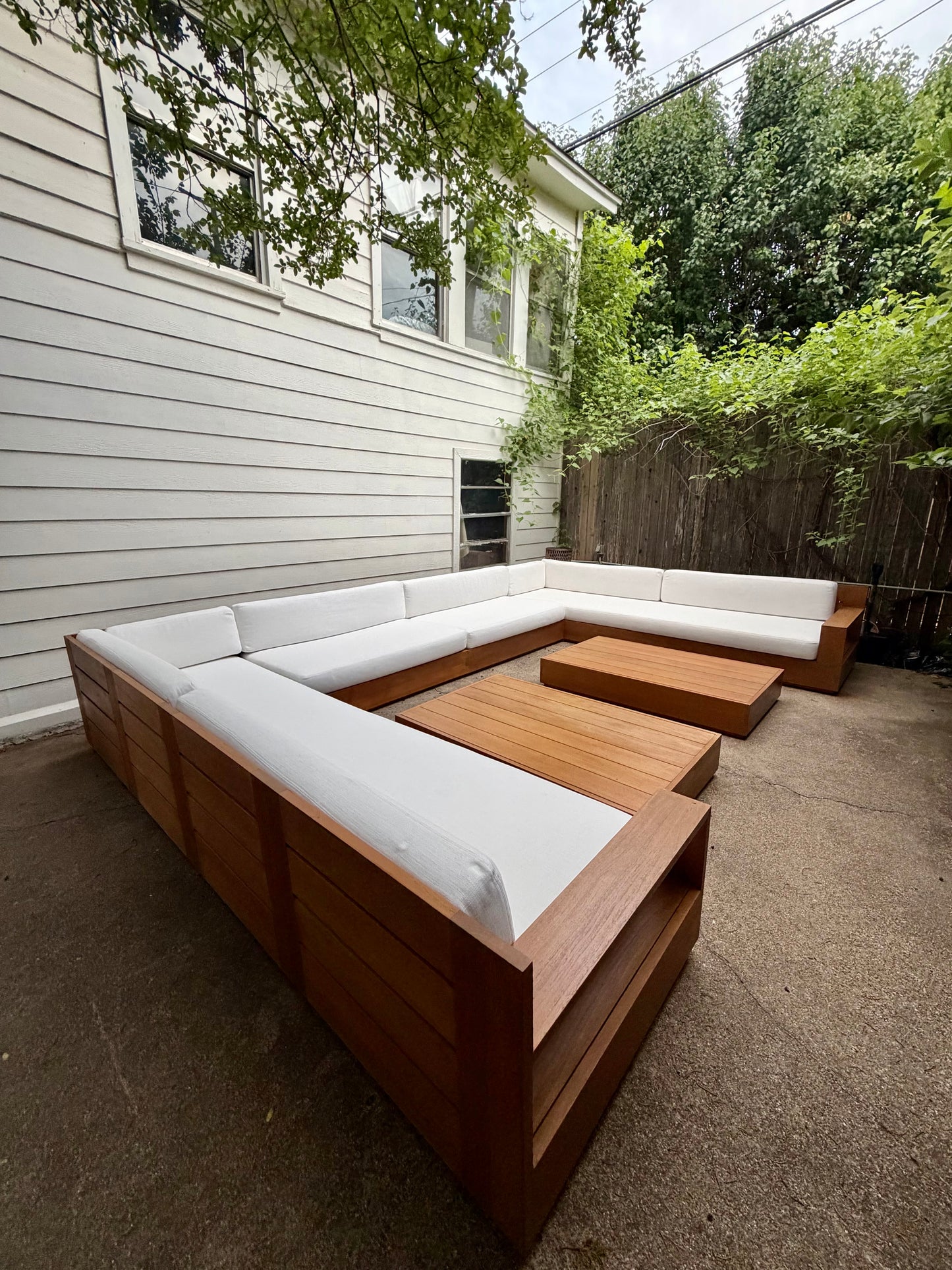 RH Marbella Teak U-Shape Outdoor Sectional with Coffee Tables White Linen Restoration Hardware