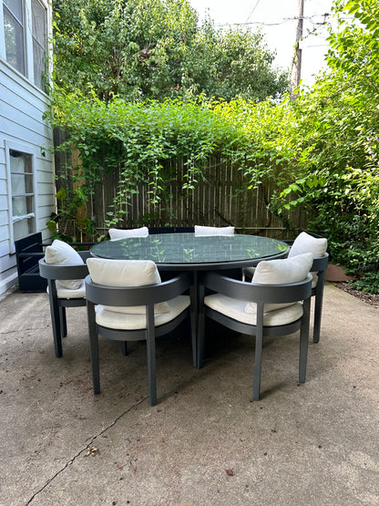 RH Balmain Outdoor Dining Set Round Table Six Chairs Custom Glass Top Restoration Hardware