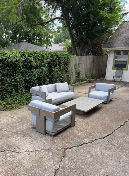 RH Mill Outdoor Set Loveseat Lounge Chairs Coffee Table RH Covers Restoration Hardware Gray Teak