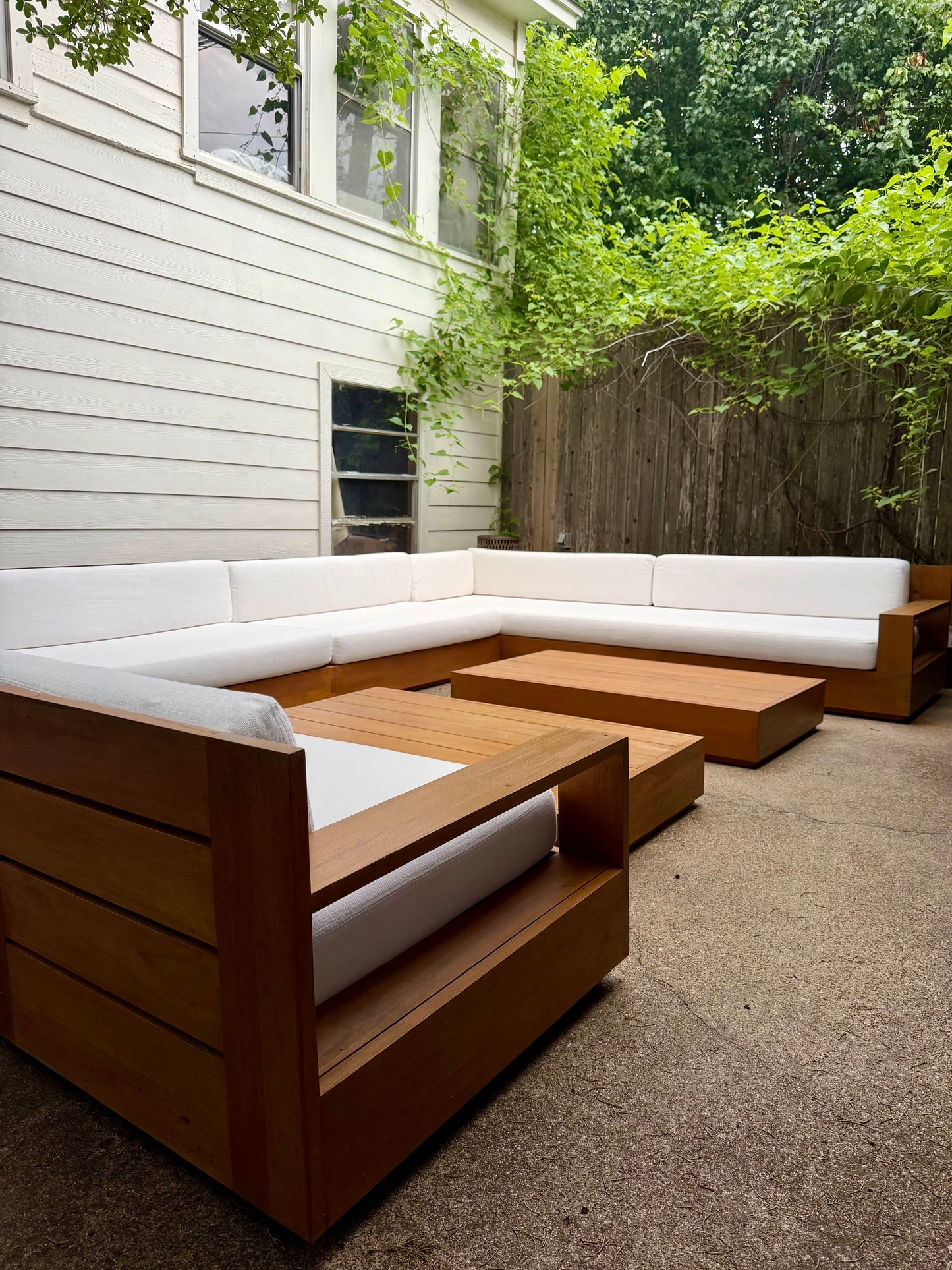 RH Marbella Teak U-Shape Outdoor Sectional with Coffee Tables White Linen Restoration Hardware