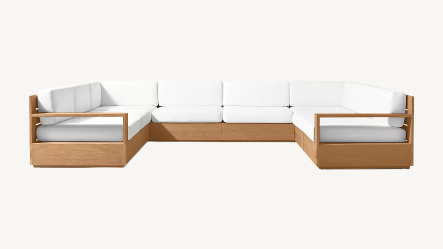 RH Marbella Teak U-Shape Outdoor Sectional with Coffee Tables White Linen Restoration Hardware