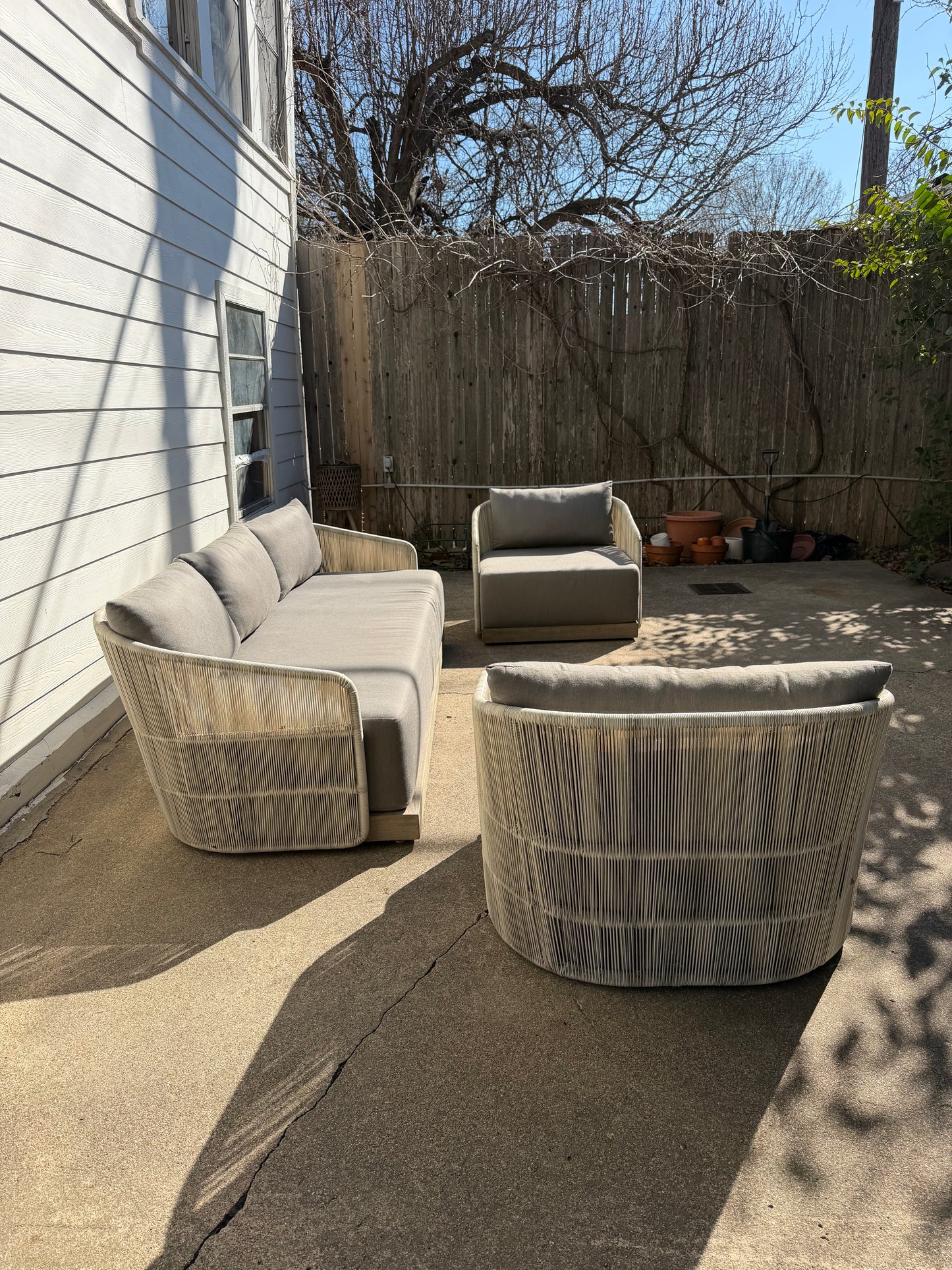 RH Havana Outdoor Set Gray Ivory Sofa Two Chairs Teak Cord Restoration Hardware