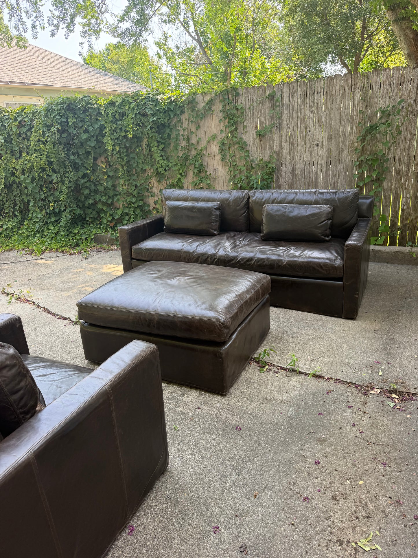 RH Belgian Track Arm Walnut Brown Leather Sofa Chair Ottoman Set Restoration Hardware