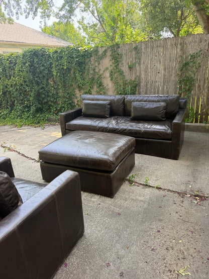 RH Belgian Track Arm Walnut Brown Leather Sofa Chair Ottoman Set Restoration Hardware