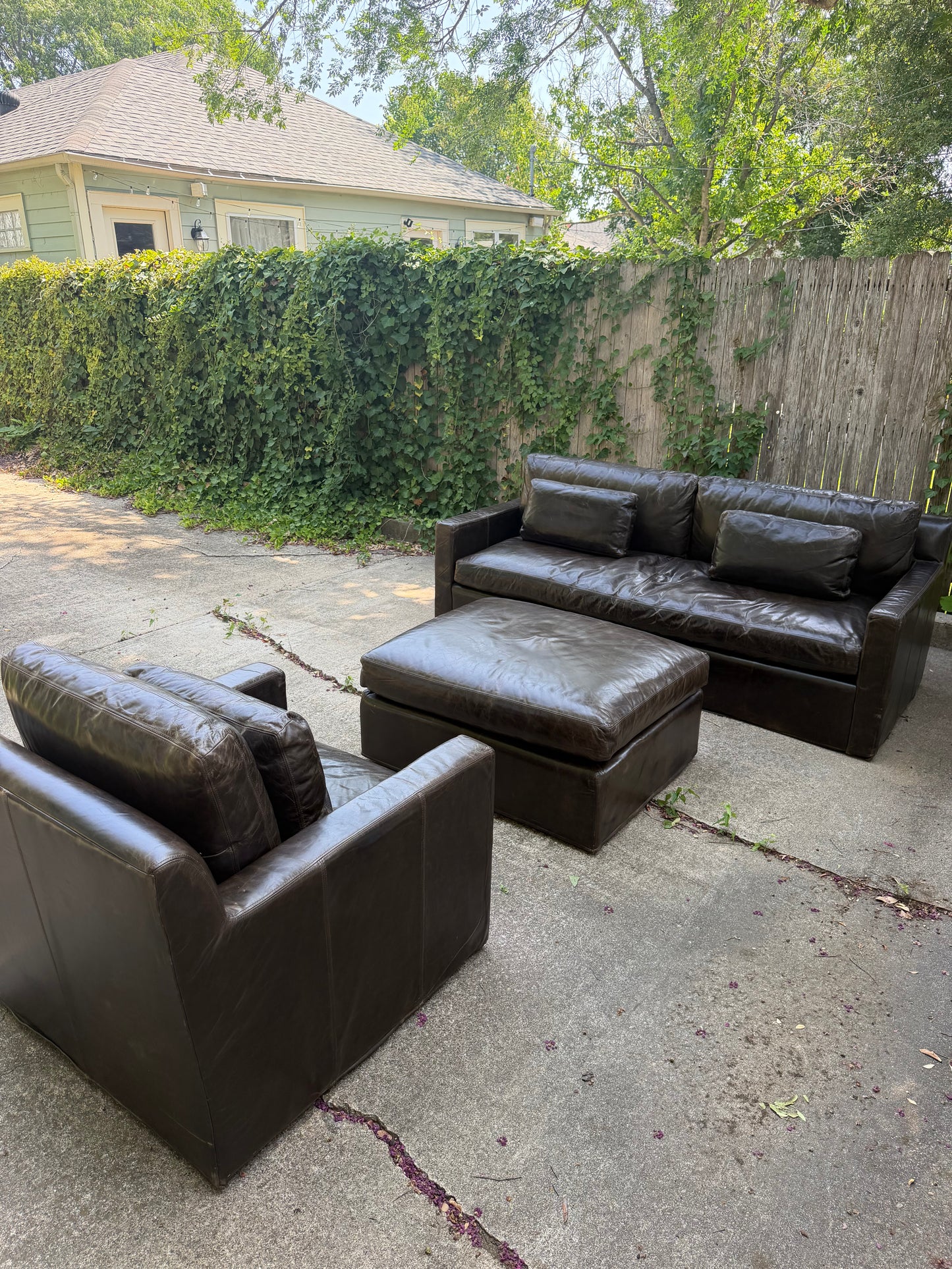 RH Belgian Track Arm Walnut Brown Leather Sofa Chair Ottoman Set Restoration Hardware