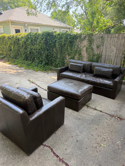 RH Belgian Track Arm Walnut Brown Leather Sofa Chair Ottoman Set Restoration Hardware