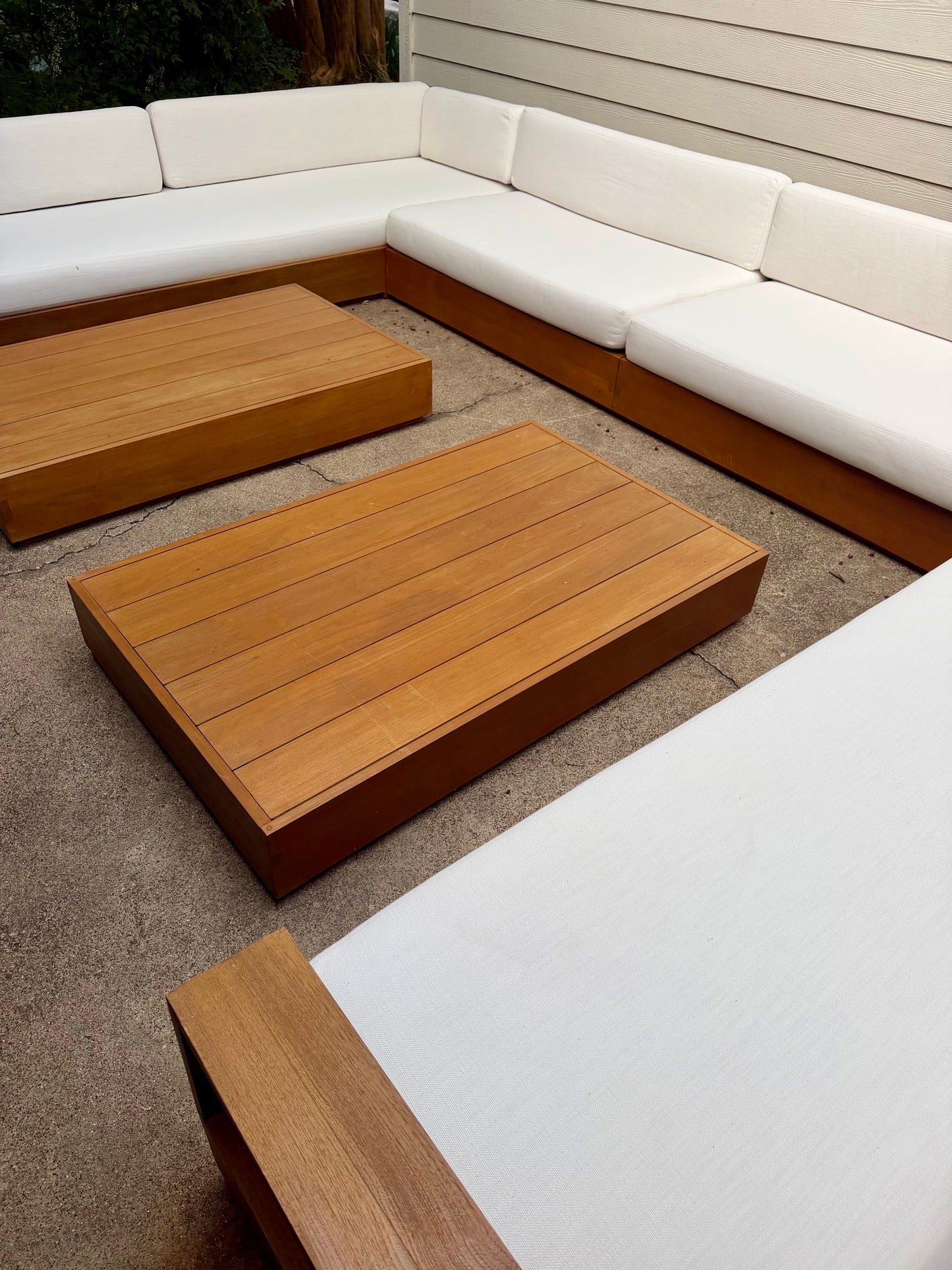 RH Marbella Teak U-Shape Outdoor Sectional with Coffee Tables White Linen Restoration Hardware