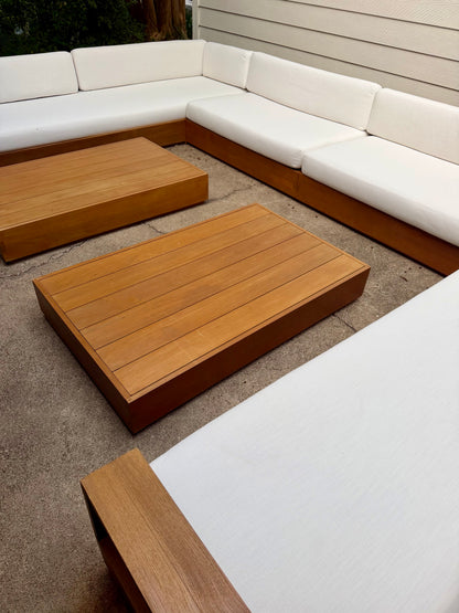RH Marbella Teak U-Shape Outdoor Sectional with Coffee Tables White Linen Restoration Hardware