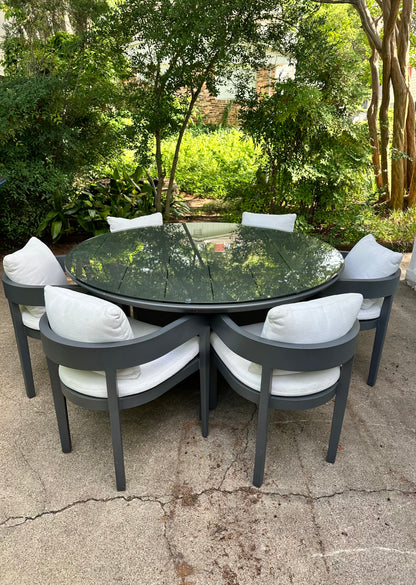 RH Balmain Outdoor Dining Set Round Table Six Chairs Custom Glass Top Restoration Hardware