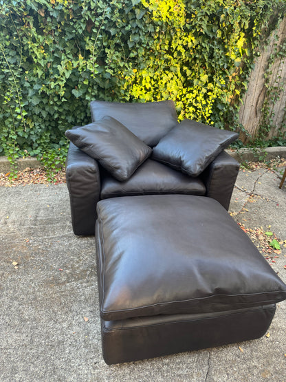 RH Leather Cloud Chair and Ottoman Set Dark Brown