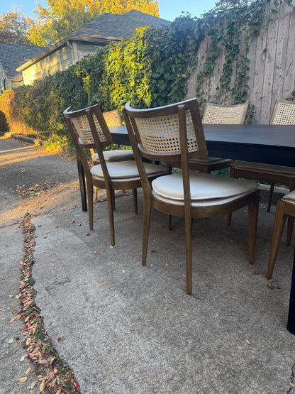 Perigold Dining Set with Black Ethnicraft Bok Oak Table 79” + Four Hands Britt Chairs Set of Six Light Wood with Cane