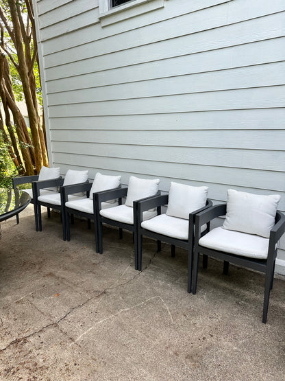 RH Balmain Outdoor Dining Set Round Table Six Chairs Custom Glass Top Restoration Hardware
