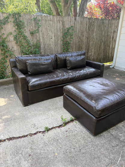 RH Belgian Track Arm Walnut Brown Leather Sofa Chair Ottoman Set Restoration Hardware