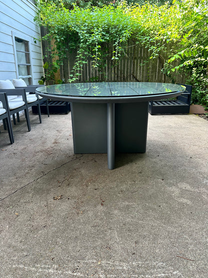 RH Balmain Outdoor Dining Set Round Table Six Chairs Custom Glass Top Restoration Hardware