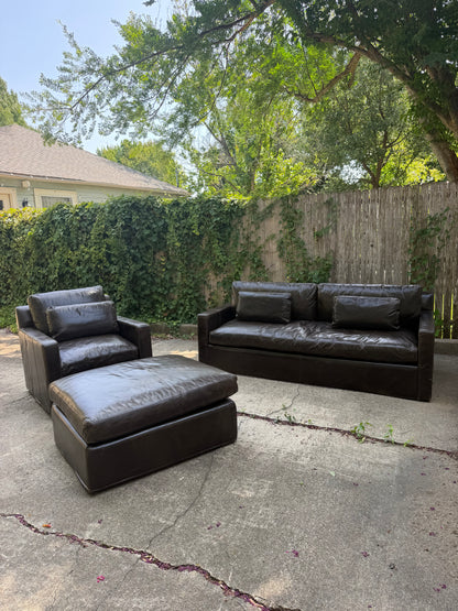 RH Belgian Track Arm Walnut Brown Leather Sofa Chair Ottoman Set Restoration Hardware