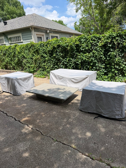 RH Mill Outdoor Set Loveseat Lounge Chairs Coffee Table RH Covers Restoration Hardware Gray Teak