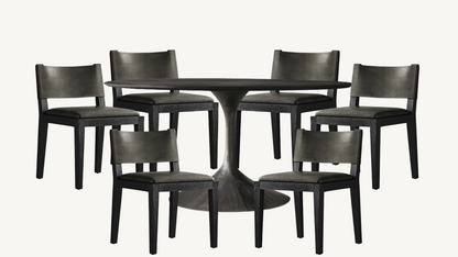 RH Dining Set Aero Cast Iron Black Oak 60” Round Dining Table & Set of 6 Saddleback Gray Leather Dining Chairs Restoration Hardware