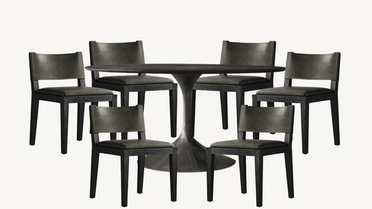 RH Dining Set Aero Cast Iron Black Oak 60” Round Dining Table & Set of 6 Saddleback Gray Leather Dining Chairs Restoration Hardware