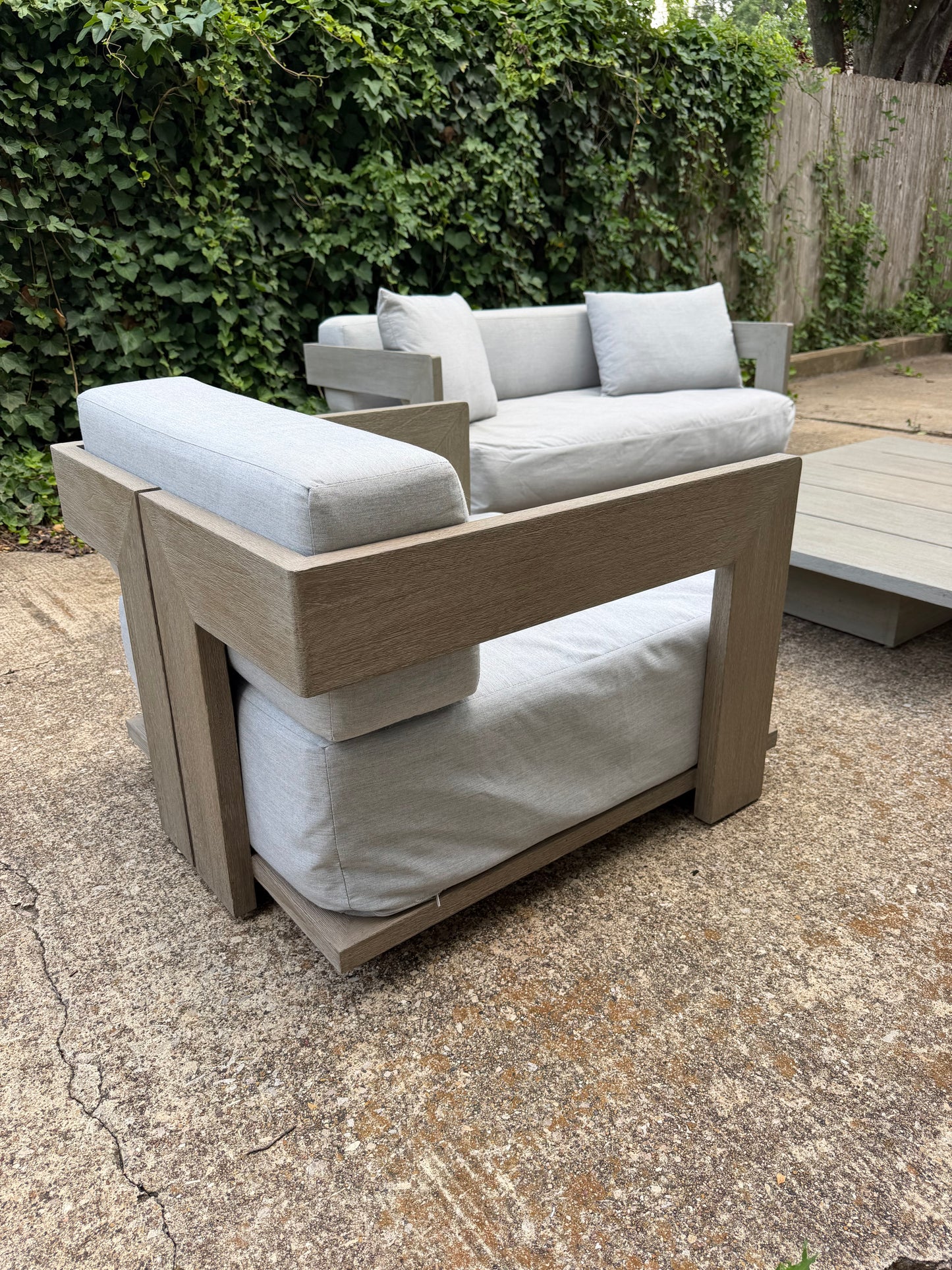 RH Mill Outdoor Set Loveseat Lounge Chairs Coffee Table RH Covers Restoration Hardware Gray Teak