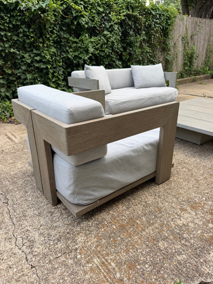 RH Mill Outdoor Set Loveseat Lounge Chairs Coffee Table RH Covers Restoration Hardware Gray Teak