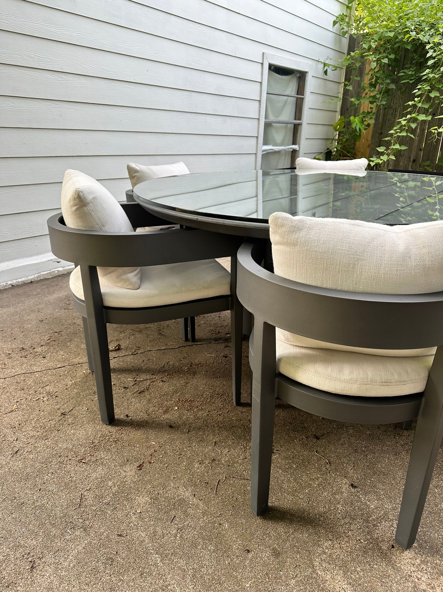 RH Balmain Outdoor Dining Set Round Table Six Chairs Custom Glass Top Restoration Hardware